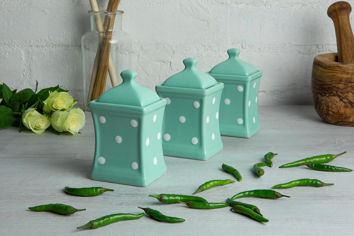 Teal Blue and White Polka Dot Pottery Handmade Hand Painted Small Ceramic Kitchen Herb Spice Jars Canister Set - Same Size Jars