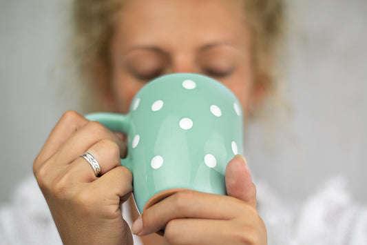 Teal Blue And White Polka Dot Spotty Designer Handmade Hand Painted Unique Ceramic 10oz-300ml Coffee Tea Mug with Large Handle