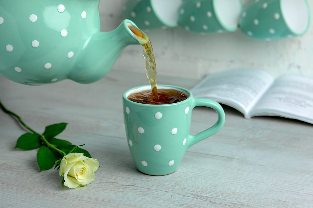 Teal Blue And White Polka Dot Spotty Designer Handmade Hand Painted Unique Ceramic 10oz-300ml Coffee Tea Mug with Large Handle