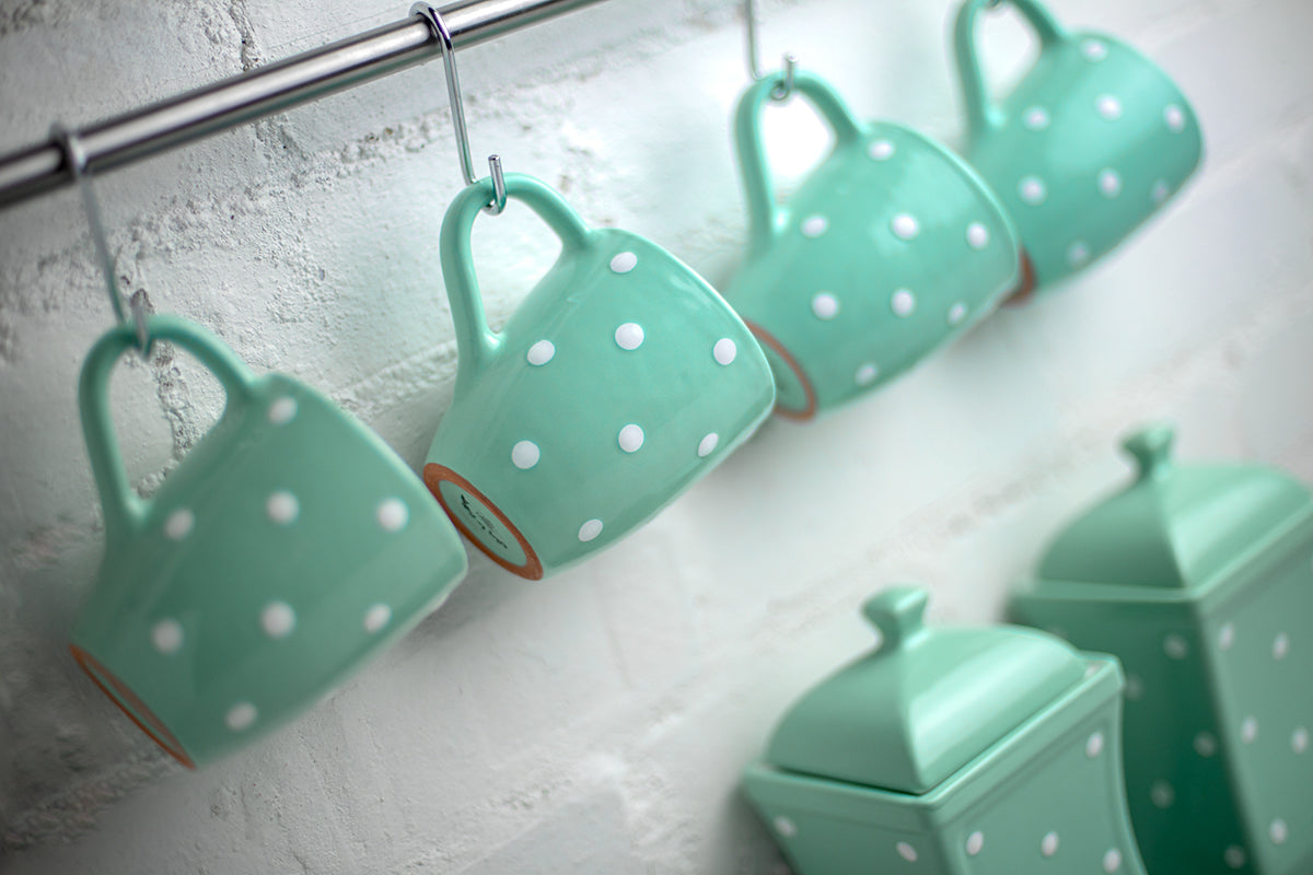 Teal Blue And White Polka Dot Spotty Designer Handmade Hand Painted Unique Ceramic 10oz-300ml Coffee Tea Mug with Large Handle