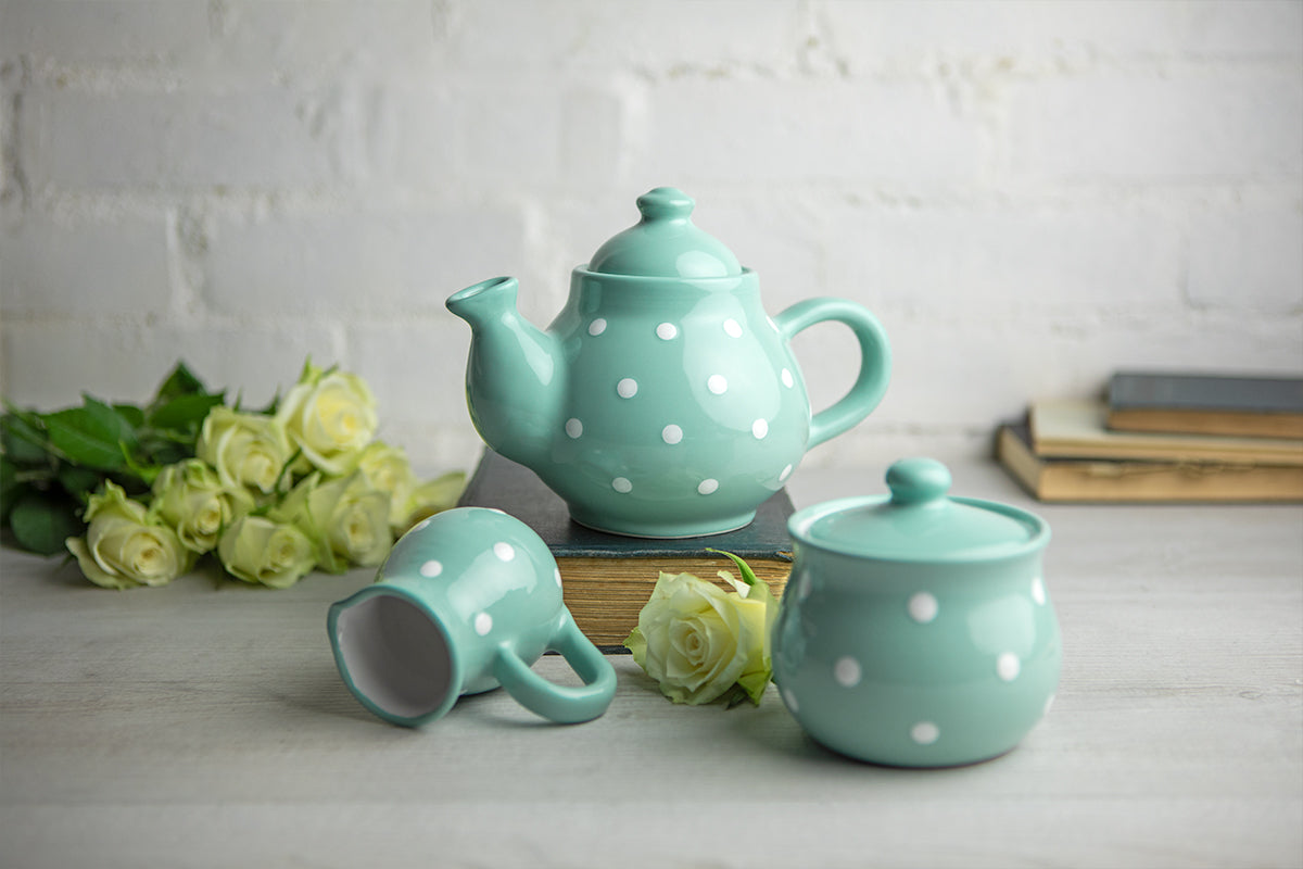 Teal Blue and White Polka Dot Pottery Handmade Hand Painted Ceramic Teapot Milk Jug Sugar Bowl Set