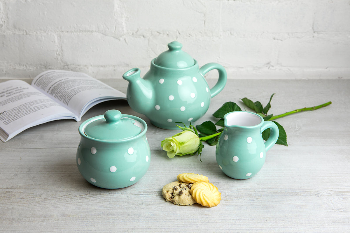 Teal Blue and White Polka Dot Pottery Handmade Hand Painted Ceramic Teapot Milk Jug Sugar Bowl Set