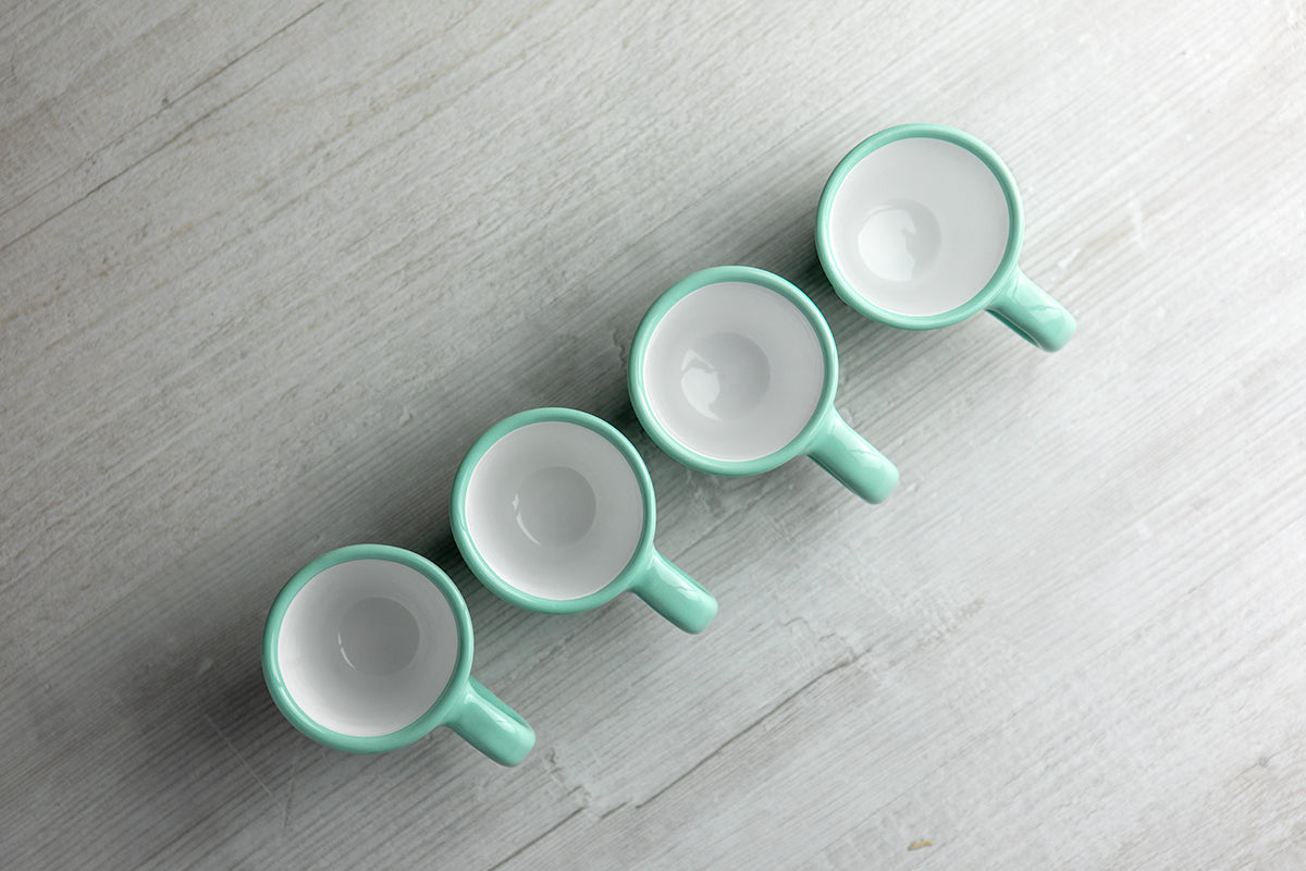 Teal Blue And White Polka Dot Spotty Designer Handmade Hand Painted Unique Ceramic 2oz-60ml Espresso Coffee Cup Set of 4