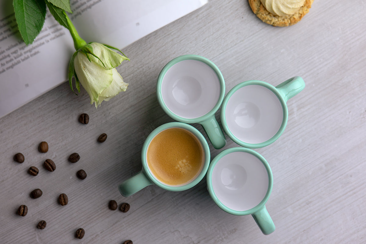 Teal Blue And White Polka Dot Spotty Designer Handmade Hand Painted Unique Ceramic 2oz-60ml Espresso Coffee Cup Set of 4