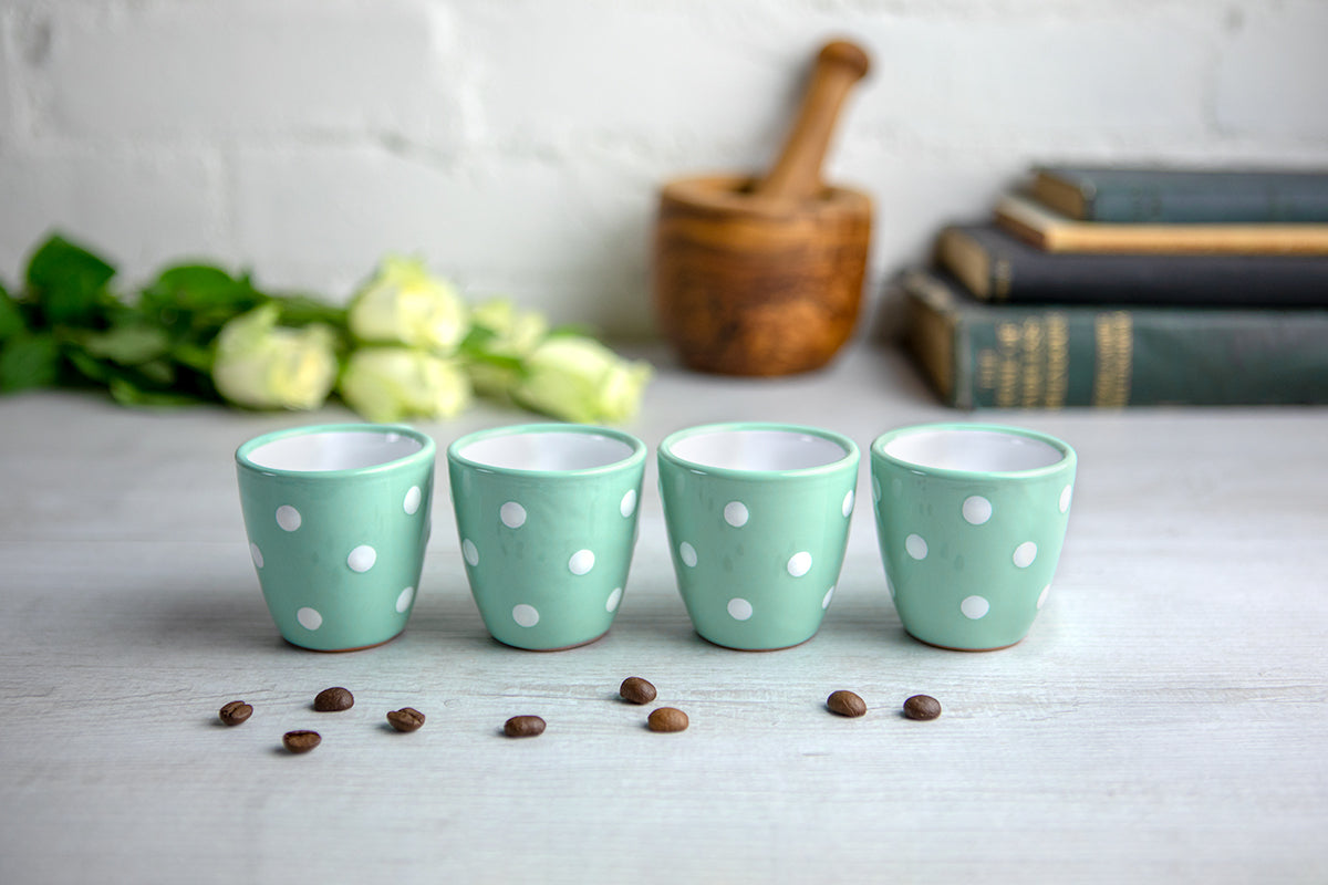 Teal Blue And White Polka Dot Spotty Designer Handmade Hand Painted Unique Ceramic 2oz-60ml Espresso Coffee Cup Set of 4