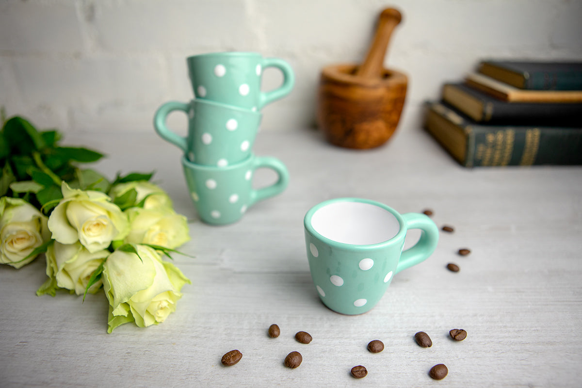 Teal Blue And White Polka Dot Spotty Designer Handmade Hand Painted Unique Ceramic 2oz-60ml Espresso Coffee Cup Set of 4