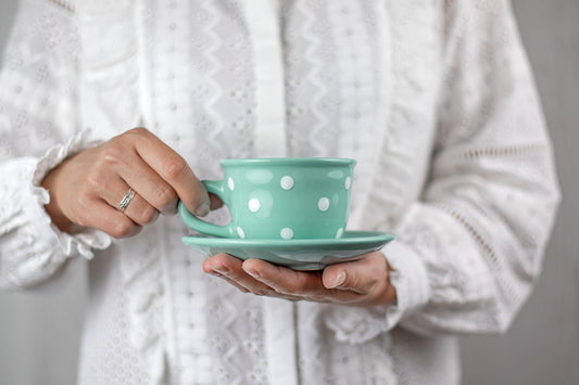 Teal Blue And White Polka Dot Spotty Designer Handmade Hand Painted Ceramic 9oz-250ml Cappuccino Coffee Tea Cup with Saucer