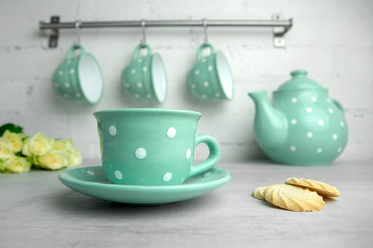 Teal Blue And White Polka Dot Spotty Designer Handmade Hand Painted Ceramic 9oz-250ml Cappuccino Coffee Tea Cup with Saucer