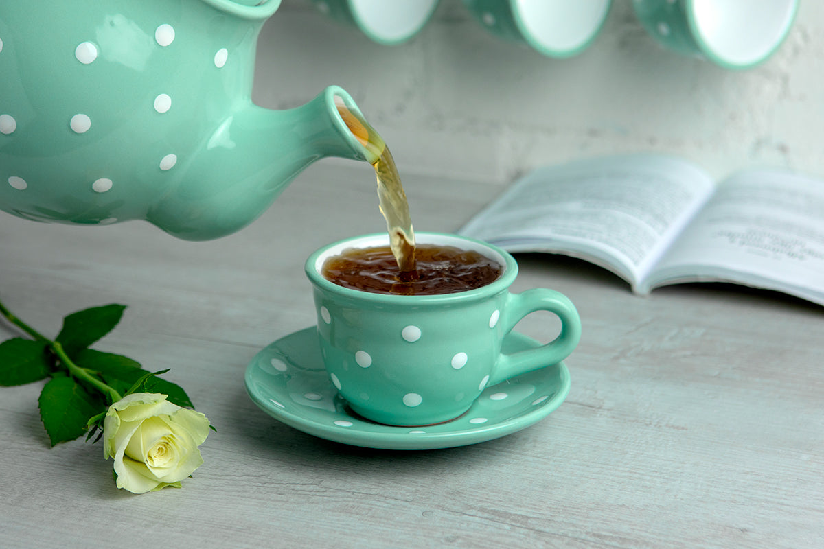 Teal Blue And White Polka Dot Spotty Designer Handmade Hand Painted Ceramic 9oz-250ml Cappuccino Coffee Tea Cup with Saucer