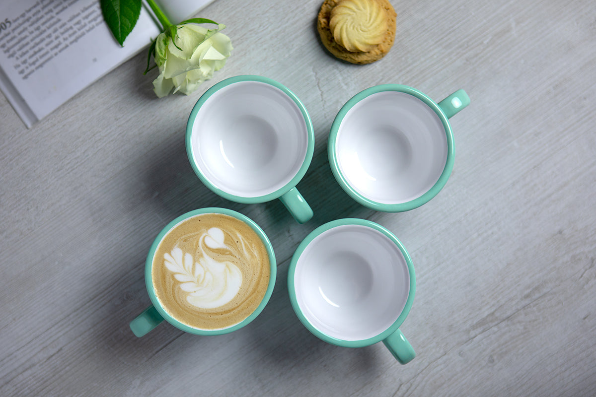 Teal Blue And White Polka Dot Spotty Designer Handmade Hand Painted Ceramic 9oz-250ml Cappuccino Coffee Tea Cup with Saucer