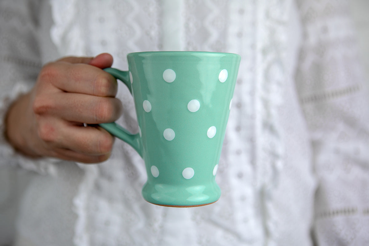 Teal Blue And White Polka Dot Spotty Handmade Hand Painted Ceramic Coffee Tea Latte Mug with Large Handle 8 oz - 220 ml