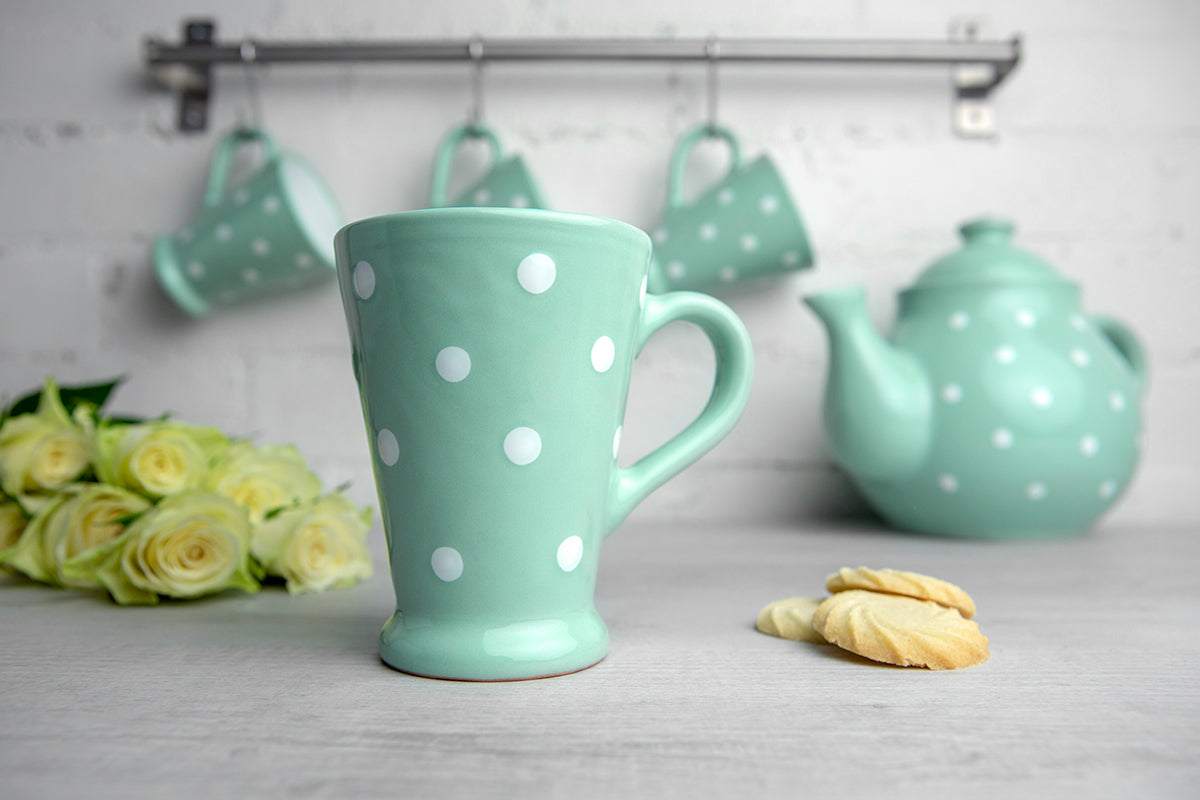 Teal Blue And White Polka Dot Spotty Handmade Hand Painted Ceramic Coffee Tea Latte Mug with Large Handle 8 oz - 220 ml