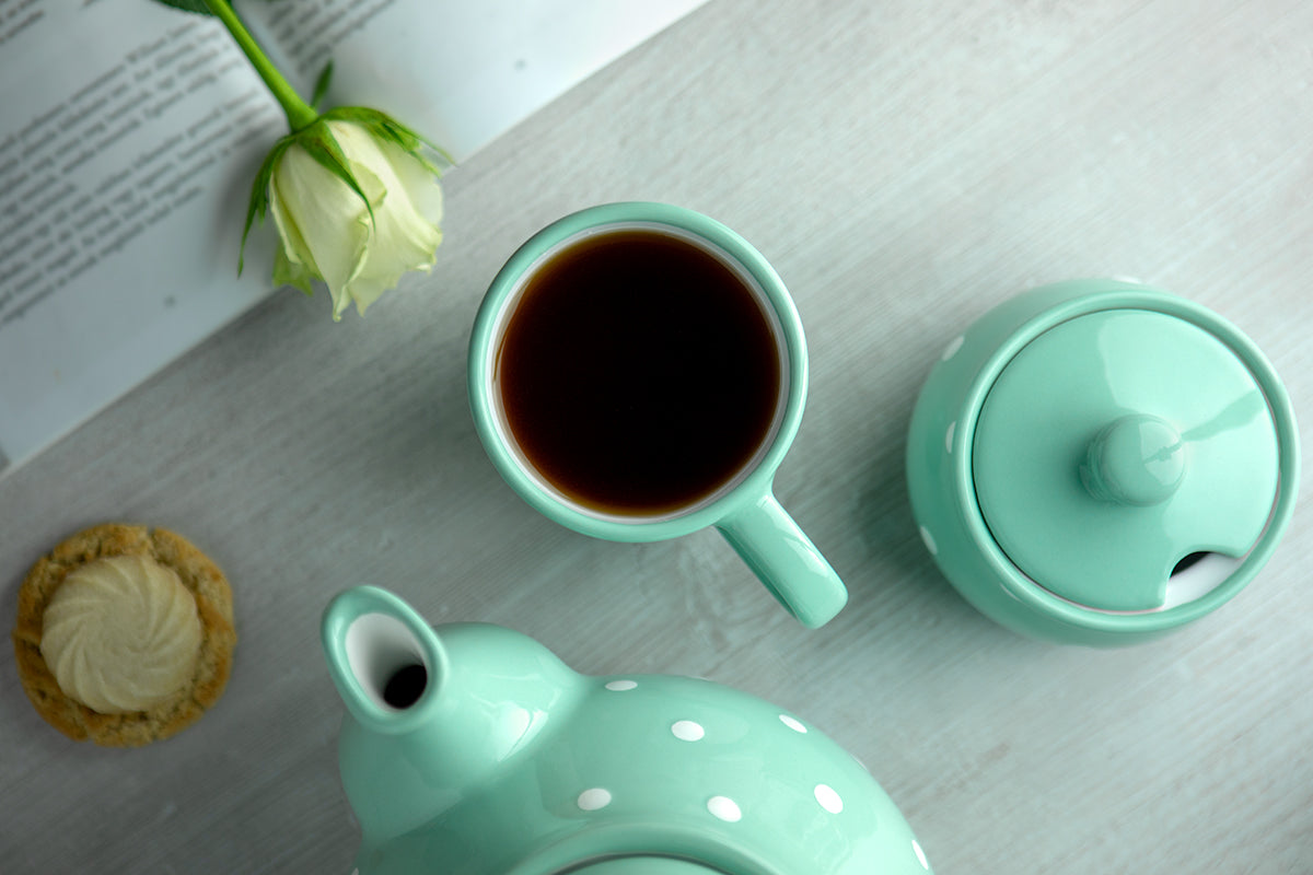 Teal Blue And White Polka Dot Spotty Handmade Hand Painted Ceramic Coffee Tea Latte Mug with Large Handle 8 oz - 220 ml