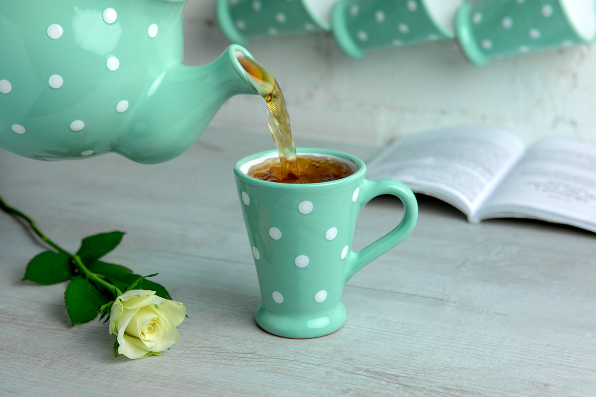 Teal Blue And White Polka Dot Spotty Handmade Hand Painted Ceramic Coffee Tea Latte Mug with Large Handle 8 oz - 220 ml