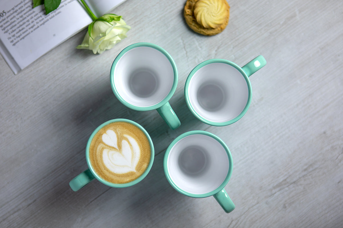 Teal Blue And White Polka Dot Spotty Handmade Hand Painted Ceramic Coffee Tea Latte Mug with Large Handle 8 oz - 220 ml