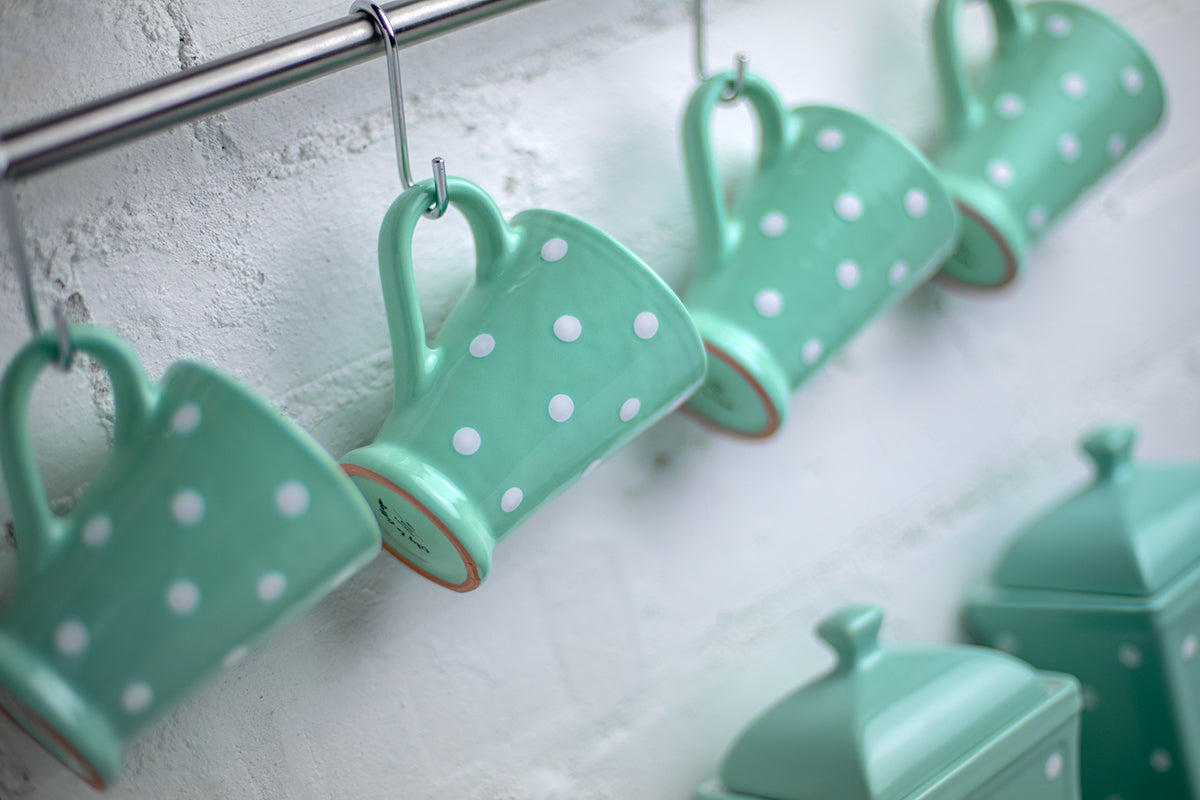 Teal Blue And White Polka Dot Spotty Handmade Hand Painted Ceramic Coffee Tea Latte Mug with Large Handle 8 oz - 220 ml