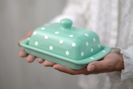 Teal Blue And White Polka Dot Spotty Handmade Hand Painted Ceramic Butter Dish With Lid