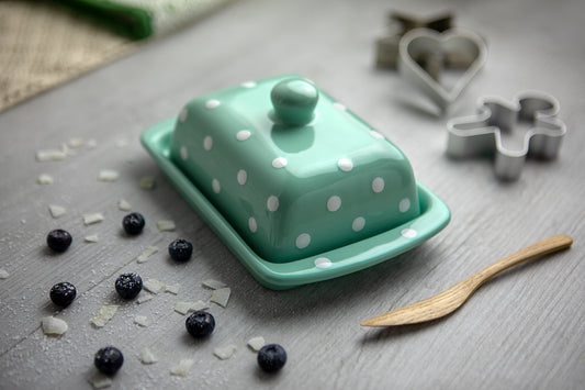Teal Blue And White Polka Dot Spotty Handmade Hand Painted Ceramic Butter Dish With Lid