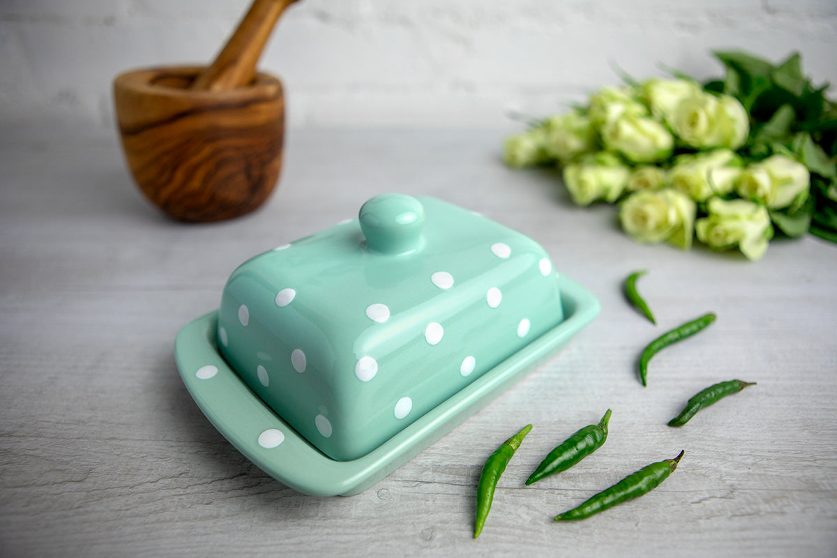 Teal Blue And White Polka Dot Spotty Handmade Hand Painted Ceramic Butter Dish With Lid
