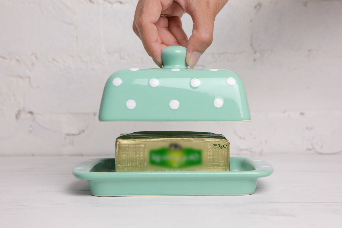Teal Blue And White Polka Dot Spotty Handmade Hand Painted Ceramic Butter Dish With Lid