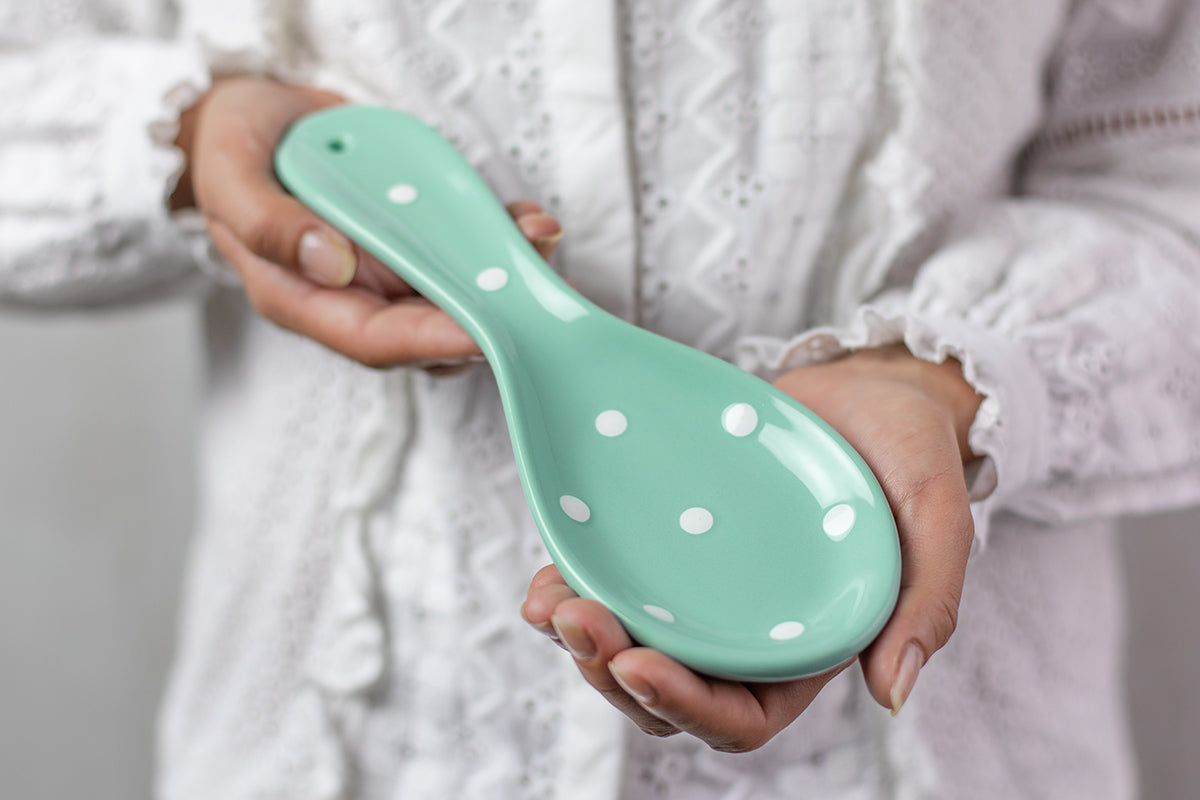 Teal Blue And White Polka Dot Spotty Handmade Hand Painted Ceramic Kitchen Cooking Spoon Rest