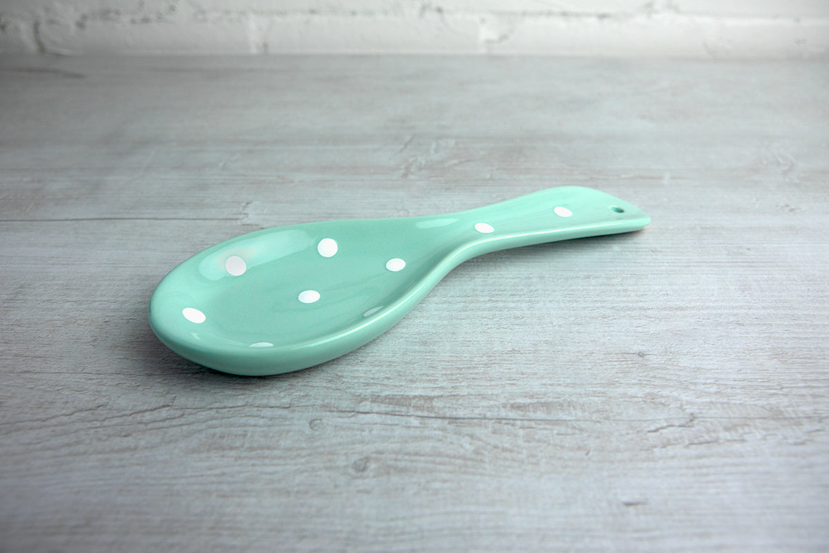 Teal Blue And White Polka Dot Spotty Handmade Hand Painted Ceramic Kitchen Cooking Spoon Rest