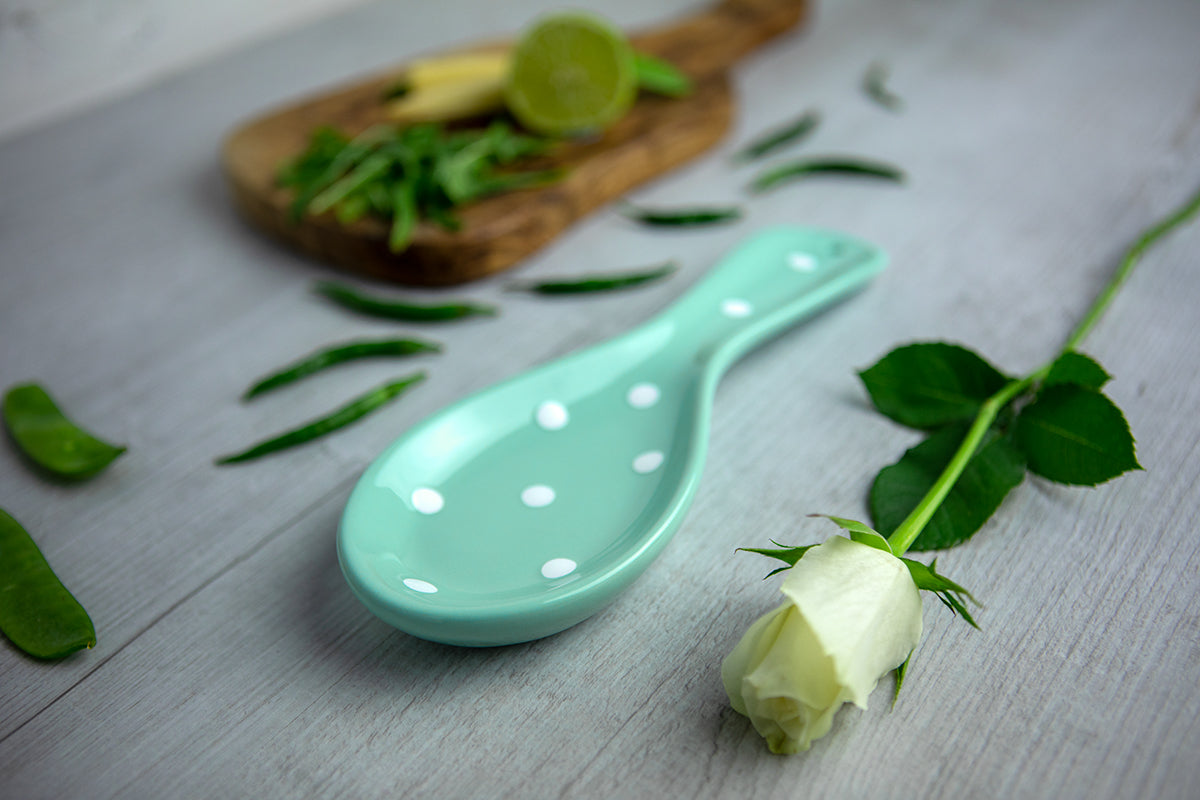 Teal Blue And White Polka Dot Spotty Handmade Hand Painted Ceramic Kitchen Cooking Spoon Rest