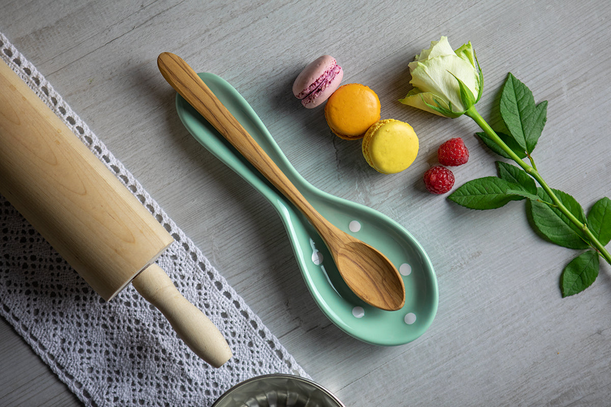 Teal Blue And White Polka Dot Spotty Handmade Hand Painted Ceramic Kitchen Cooking Spoon Rest