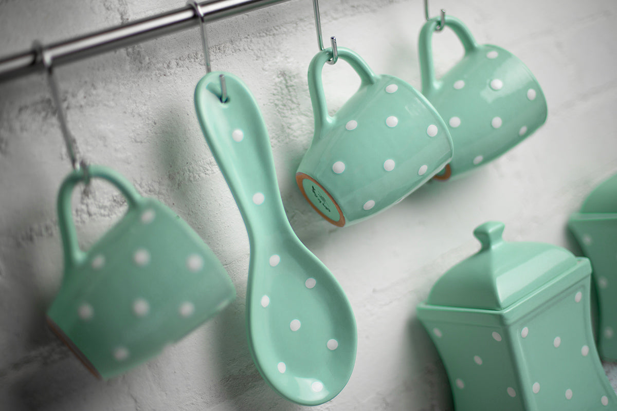 Teal Blue And White Polka Dot Spotty Handmade Hand Painted Ceramic Kitchen Cooking Spoon Rest