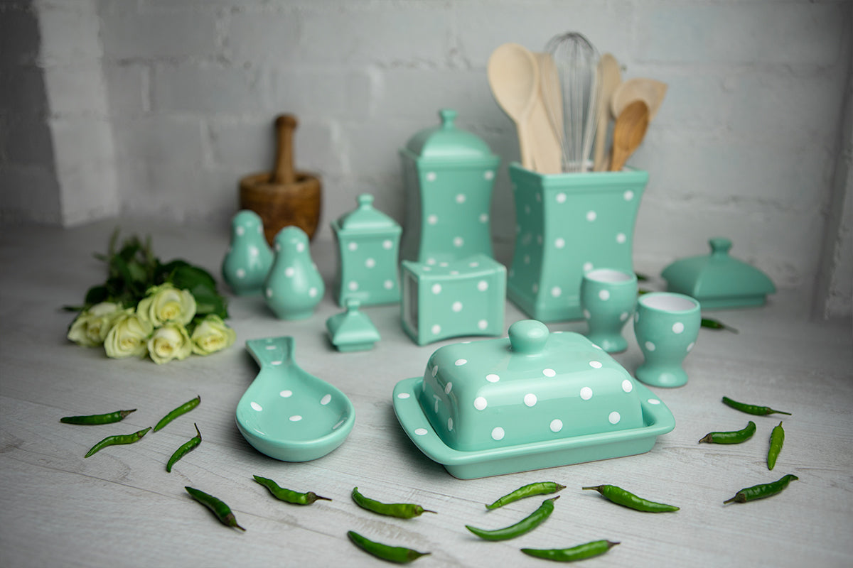 Teal Blue And White Polka Dot Spotty Handmade Hand Painted Ceramic Kitchen Serving Storage Set of 10