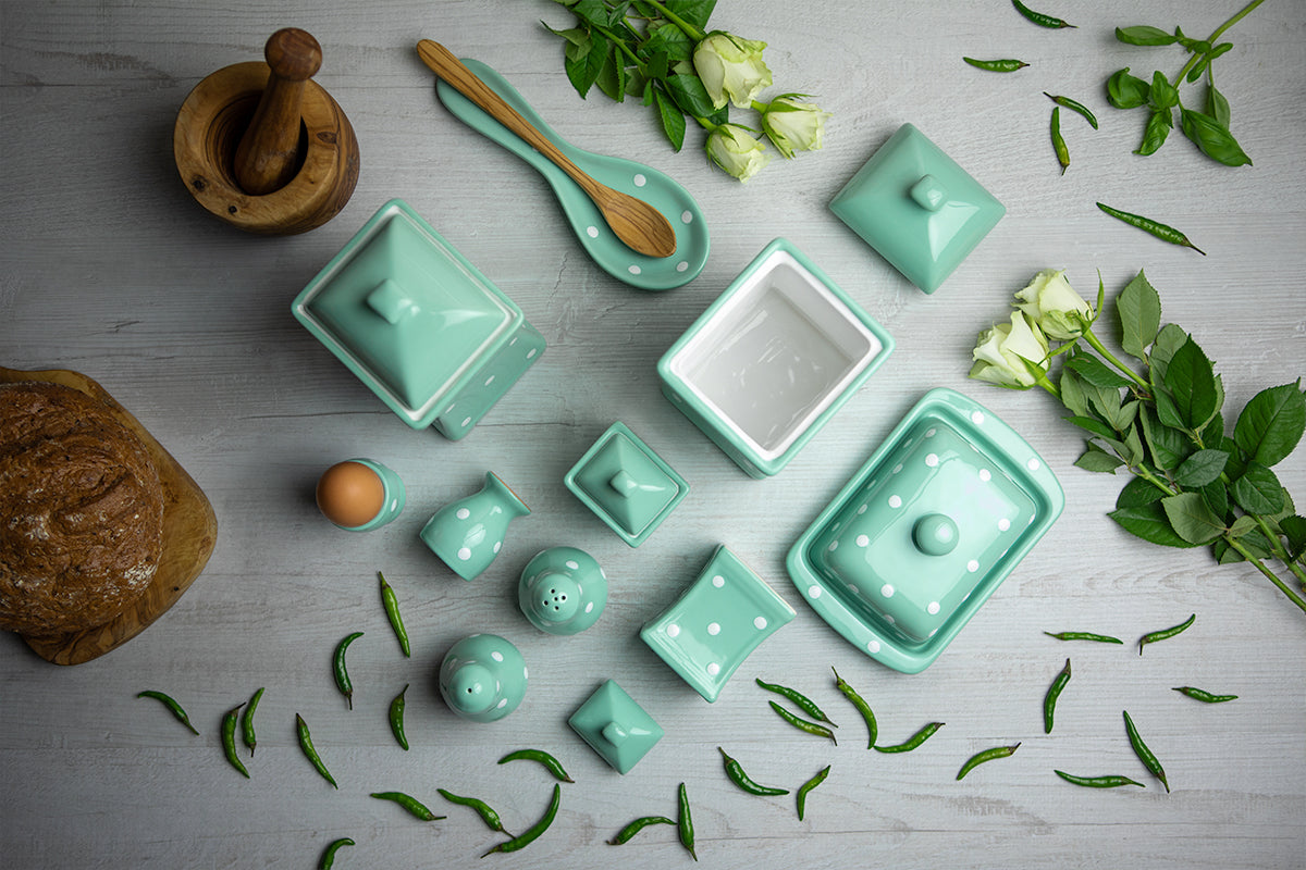Teal Blue And White Polka Dot Spotty Handmade Hand Painted Ceramic Kitchen Serving Storage Set of 10