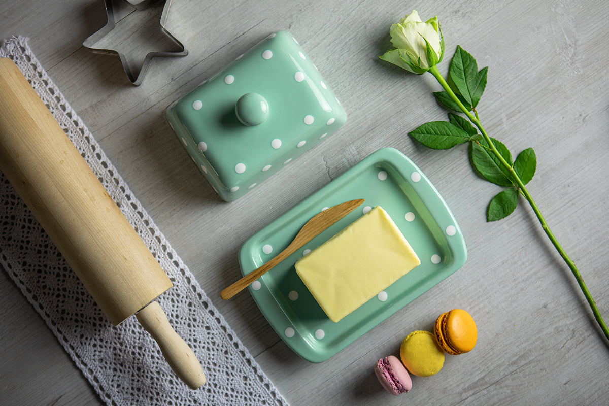 Teal Blue And White Polka Dot Spotty Handmade Hand Painted Ceramic Kitchen Serving Storage Set of 10