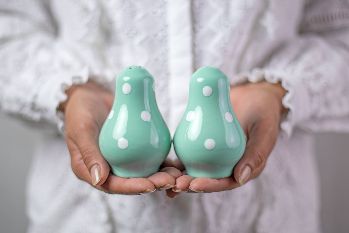 Teal Blue And White Polka Dot Spotty Handmade Hand Painted Ceramic Kitchen Serving Storage Set of 10