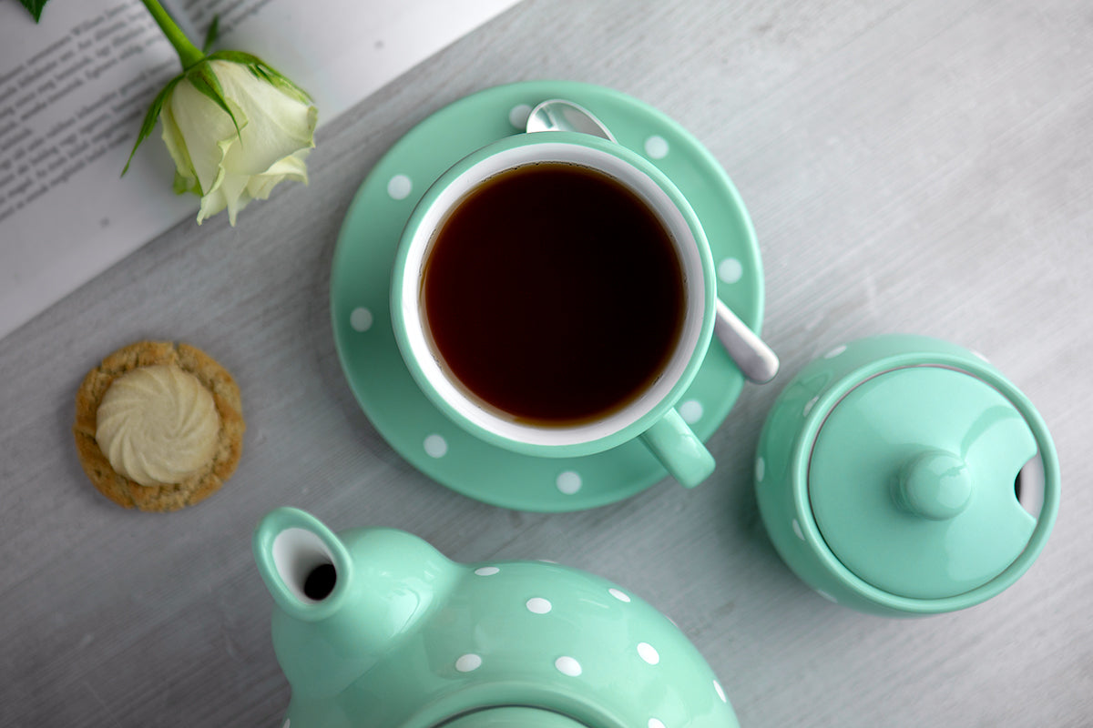 Teal Blue And White Polka Dot Spotty Handmade Hand Painted Large Unique Ceramic 12oz-350ml Cappuccino Coffee Tea Cup with Saucer