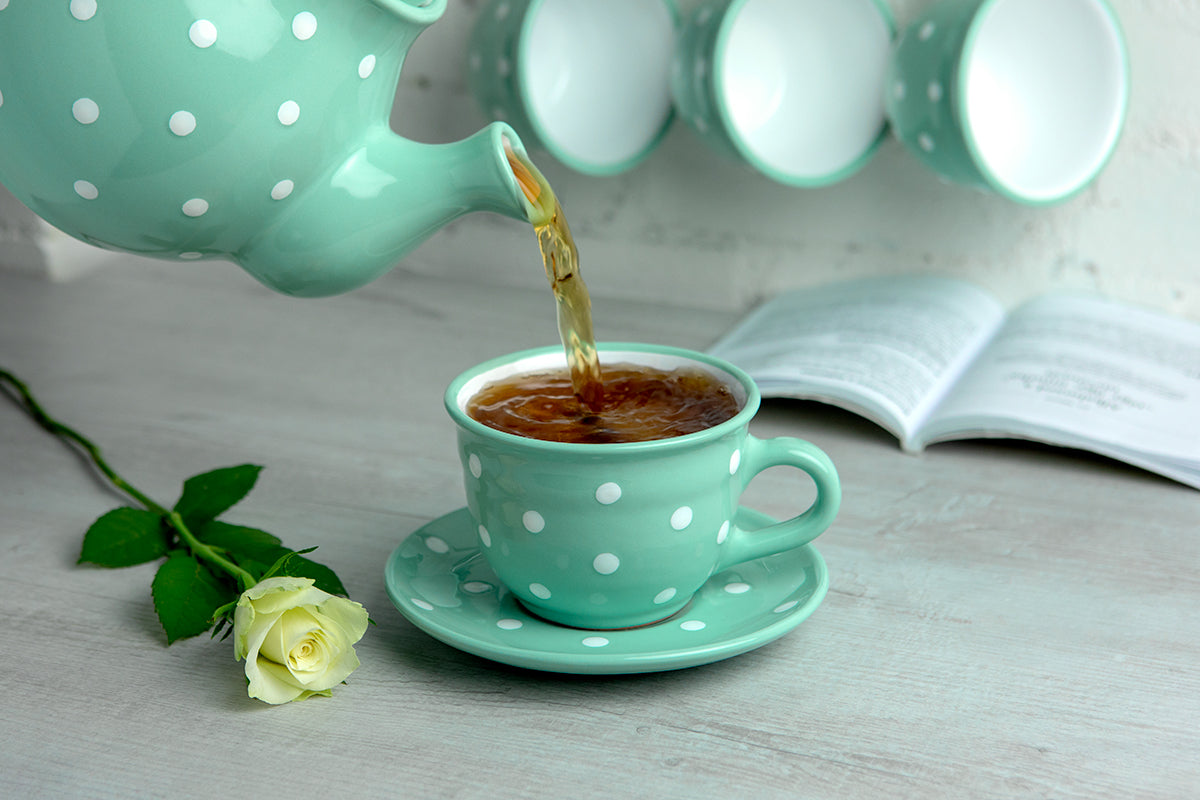 Teal Blue And White Polka Dot Spotty Handmade Hand Painted Large Unique Ceramic 12oz-350ml Cappuccino Coffee Tea Cup with Saucer