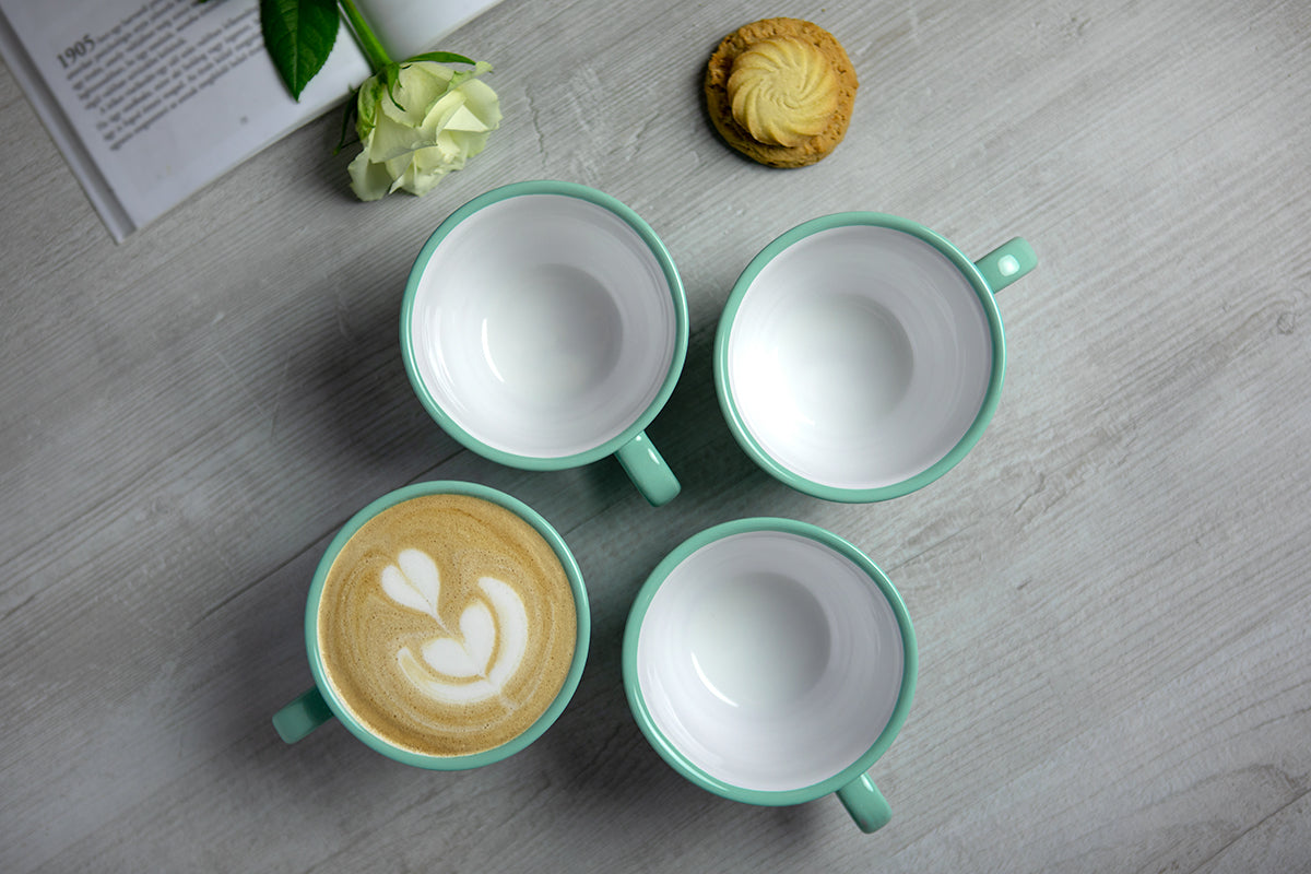 Teal Blue And White Polka Dot Spotty Handmade Hand Painted Large Unique Ceramic 12oz-350ml Cappuccino Coffee Tea Cup with Saucer