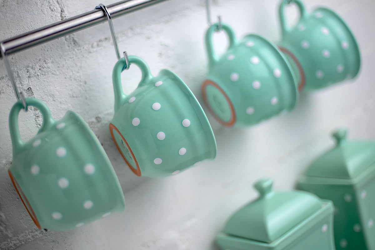 Teal Blue And White Polka Dot Spotty Handmade Hand Painted Large Unique Ceramic 12oz-350ml Cappuccino Coffee Tea Cup with Saucer
