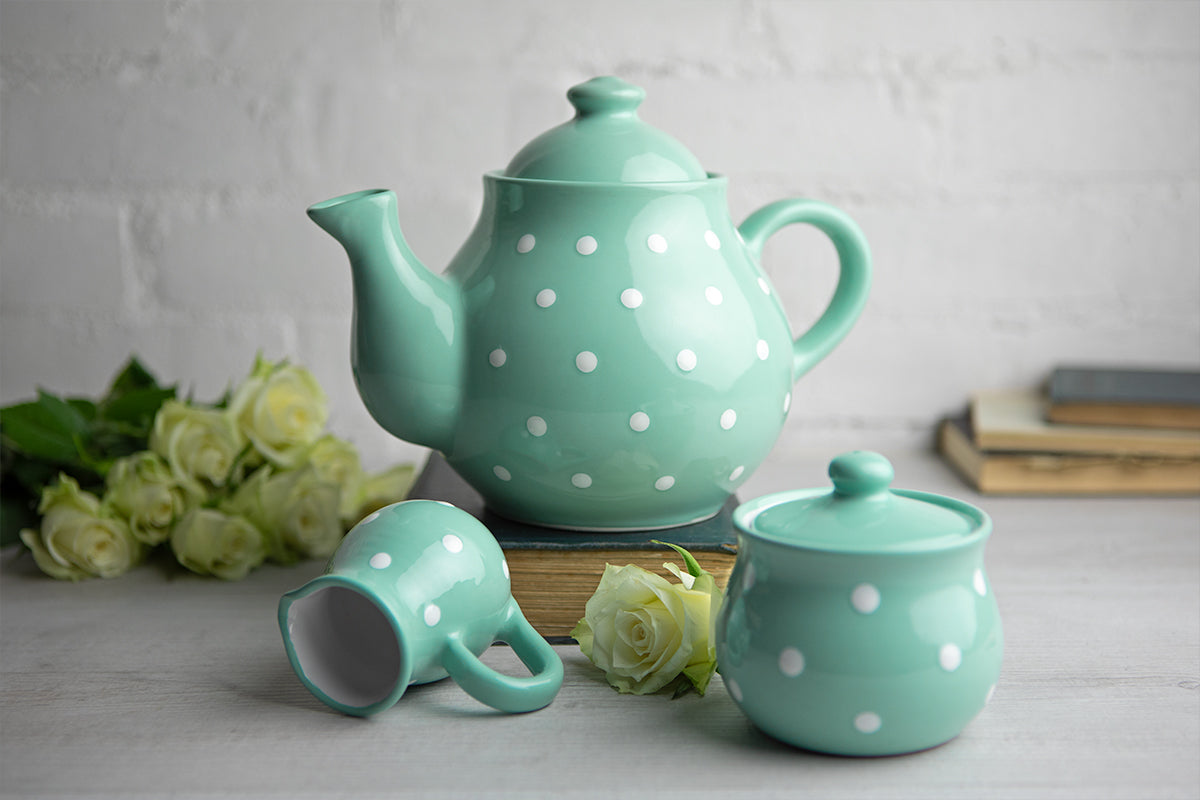 Teal Blue And White Polka Dot Spotty Handmade Hand Painted Ceramic Large Teapot Milk Jug Sugar Bowl Set