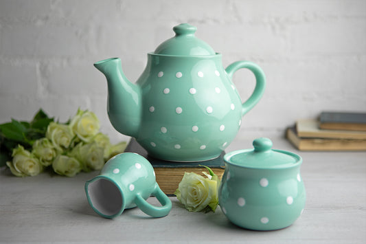 Teal Blue And White Polka Dot Spotty Handmade Hand Painted Ceramic Large Teapot Milk Jug Sugar Bowl Set