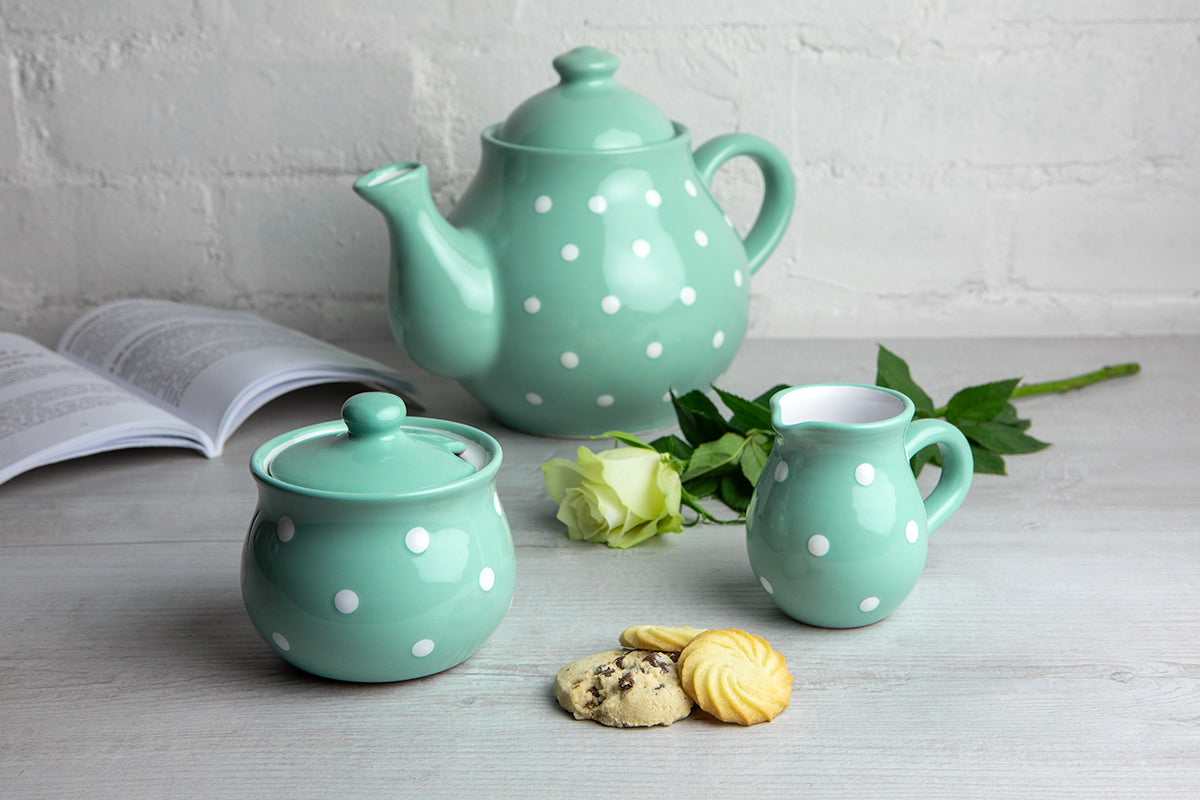 Teal Blue And White Polka Dot Spotty Handmade Hand Painted Ceramic Large Teapot Milk Jug Sugar Bowl Set