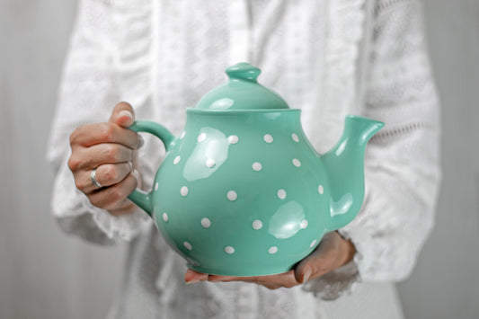 Teal Blue And White Polka Dot Spotty Large Handmade Hand Painted Ceramic Teapot with Handle 60 oz / 1.7 l