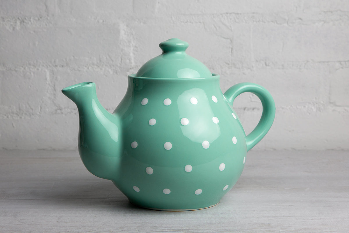 Teal Blue And White Polka Dot Spotty Large Handmade Hand Painted Ceramic Teapot with Handle 60 oz / 1.7 l