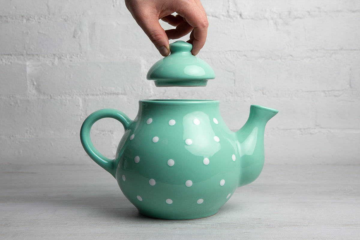 Teal Blue And White Polka Dot Spotty Large Handmade Hand Painted Ceramic Teapot with Handle 60 oz / 1.7 l