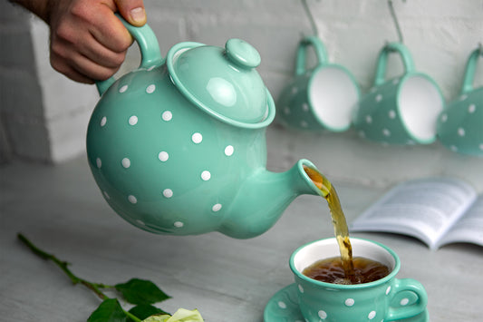 Teal Blue And White Polka Dot Spotty Large Handmade Hand Painted Ceramic Teapot with Handle 60 oz / 1.7 l