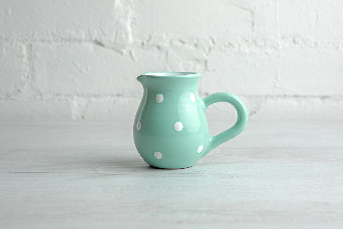 Teal Blue And White Polka Dot Spotty Handmade Hand Painted Ceramic Milk Jug