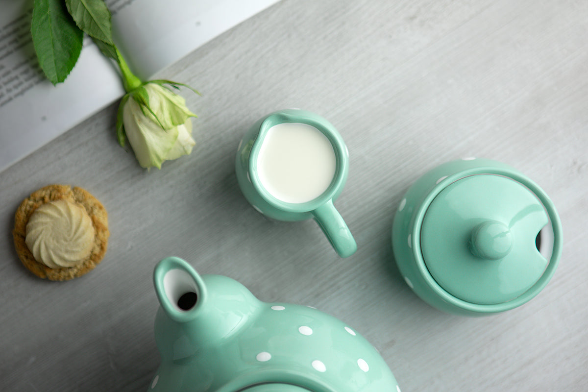 Teal Blue And White Polka Dot Spotty Handmade Hand Painted Ceramic Milk Jug