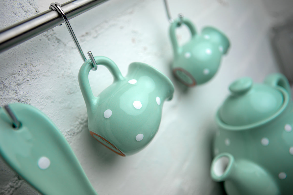 Teal Blue And White Polka Dot Spotty Handmade Hand Painted Ceramic Milk Jug