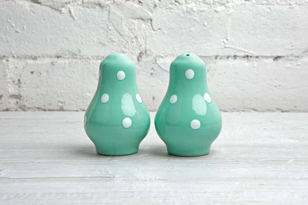 Teal Blue And White Polka Dot Spotty Handmade Hand Painted Ceramic Salt and Pepper Shaker Pot