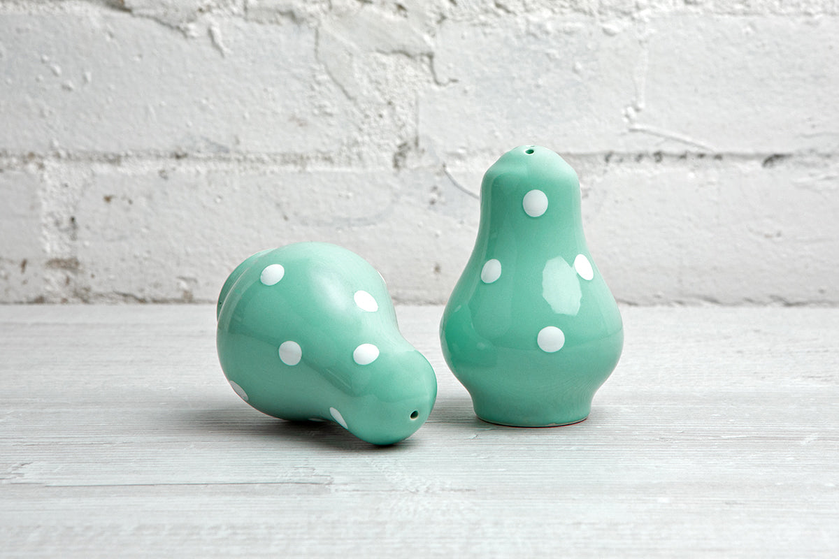 Teal Blue And White Polka Dot Spotty Handmade Hand Painted Ceramic Salt and Pepper Shaker Pot
