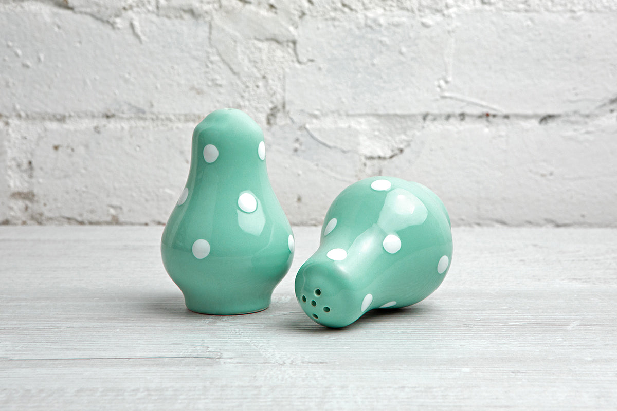Teal Blue And White Polka Dot Spotty Handmade Hand Painted Ceramic Salt and Pepper Shaker Pot